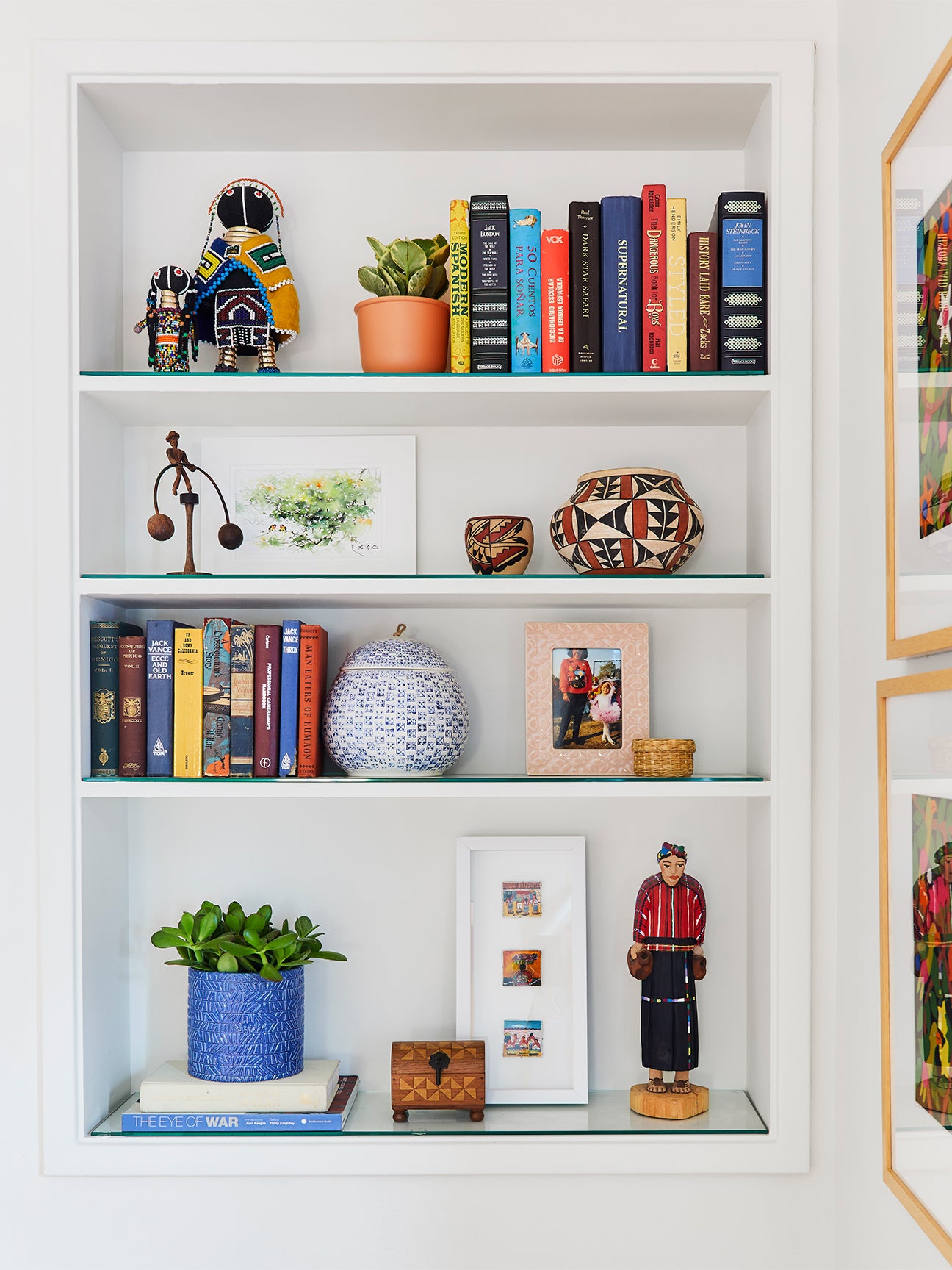 Book shelves with assorted plants