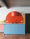 Blue and red two-tone kitchen