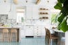 seafoam green floors and white kitchen
