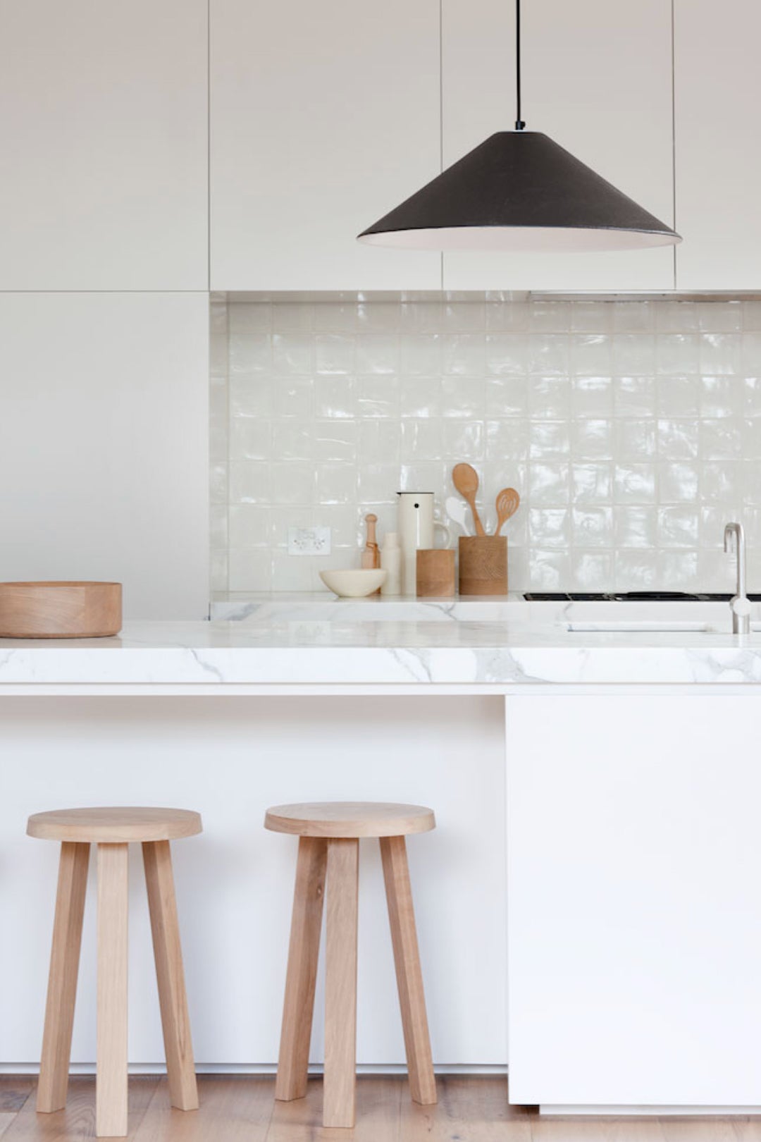 zellige white tiles in kitchen nook