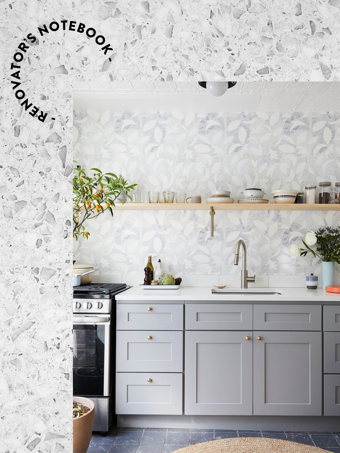 gray kitchen on a splattered backdgroudn with reno notebook stamp