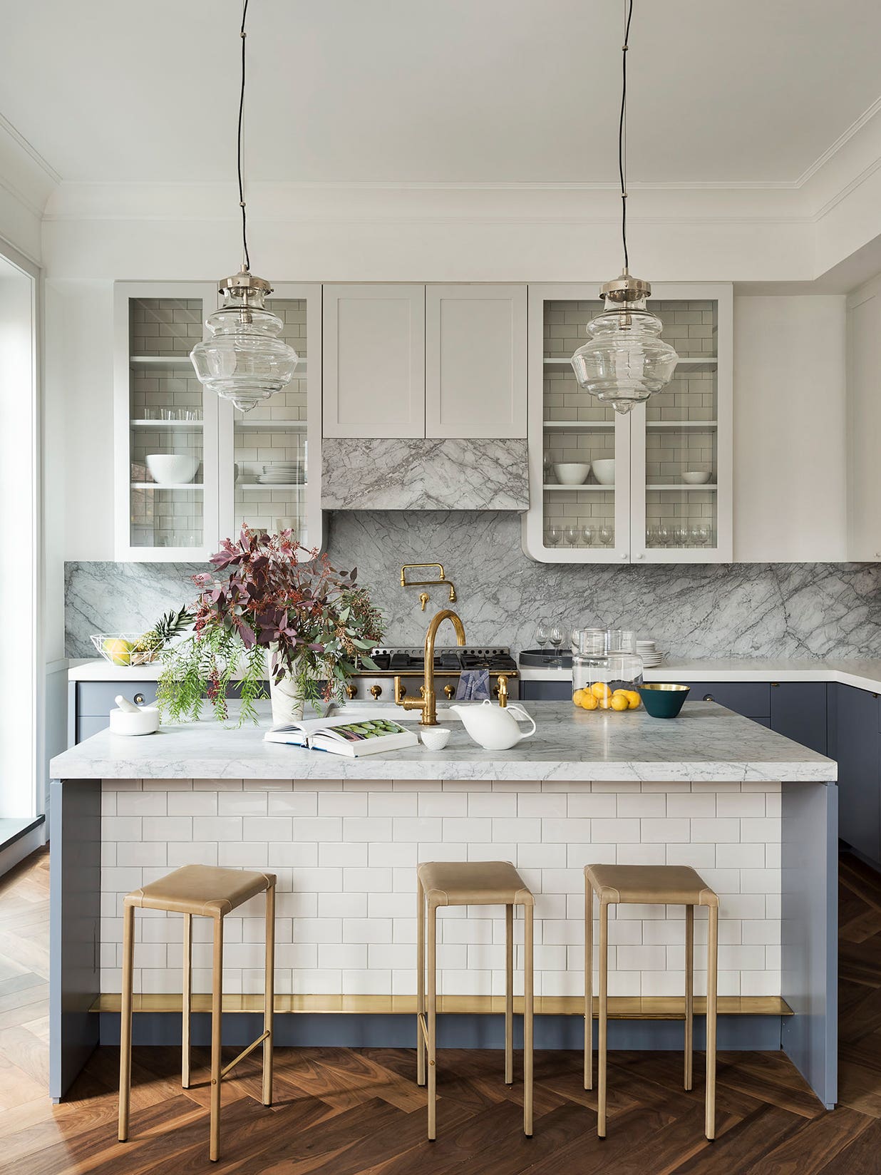 gray marble kitchen with large three person island
