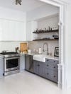 grey and white apartment kitchen