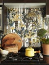 Close up of wallpapered kitchen