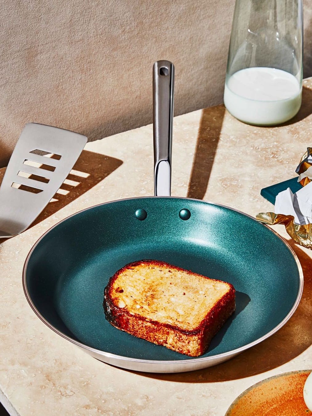 Nonstick pan with a piece of French toast