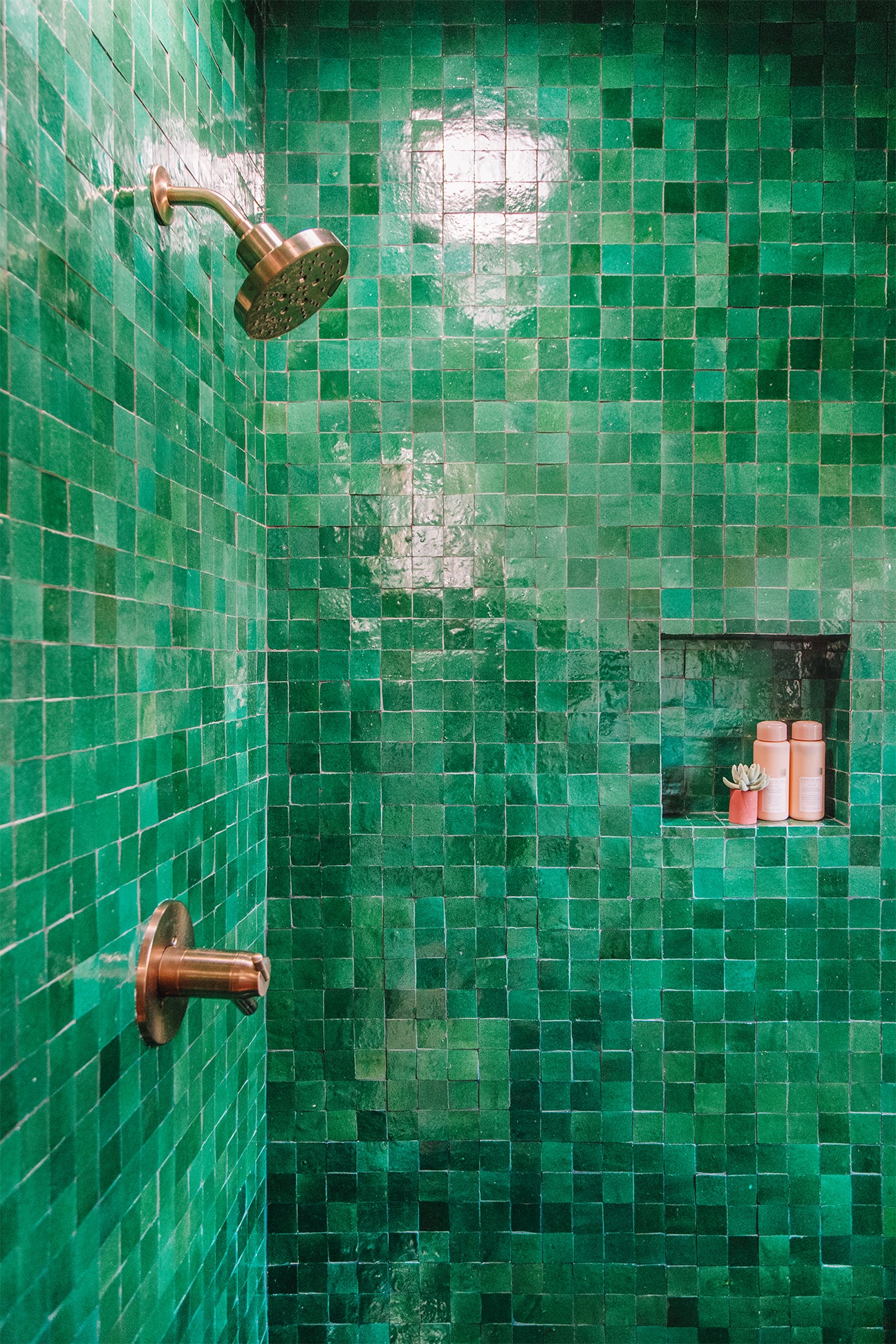 green zellige tiles shower
