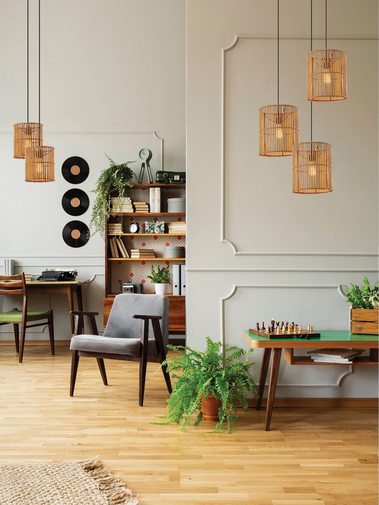 living room with rattan pendant lights