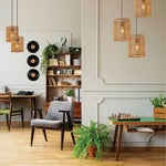 living room with rattan pendant lights