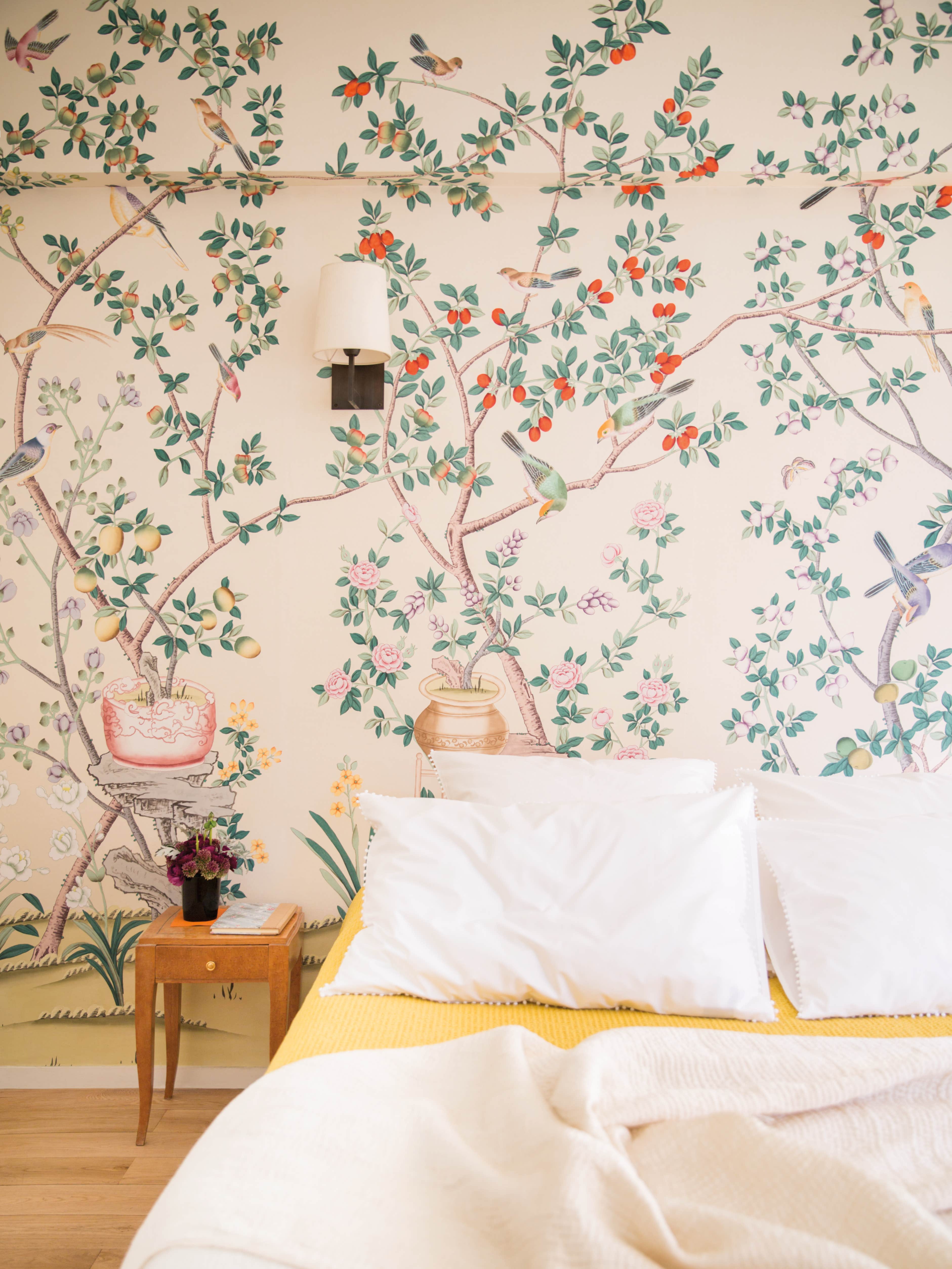 bedrom with floral wallpaper