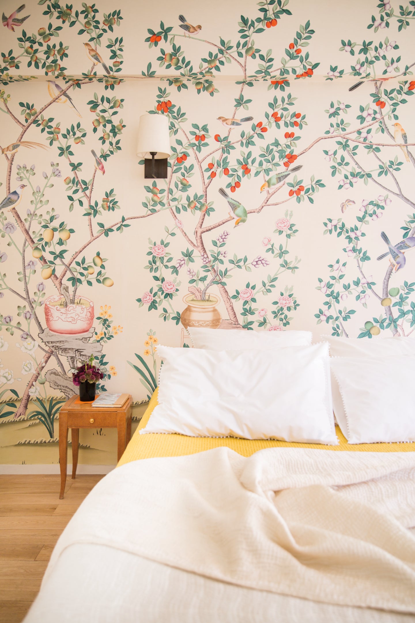 bedrom with floral wallpaper