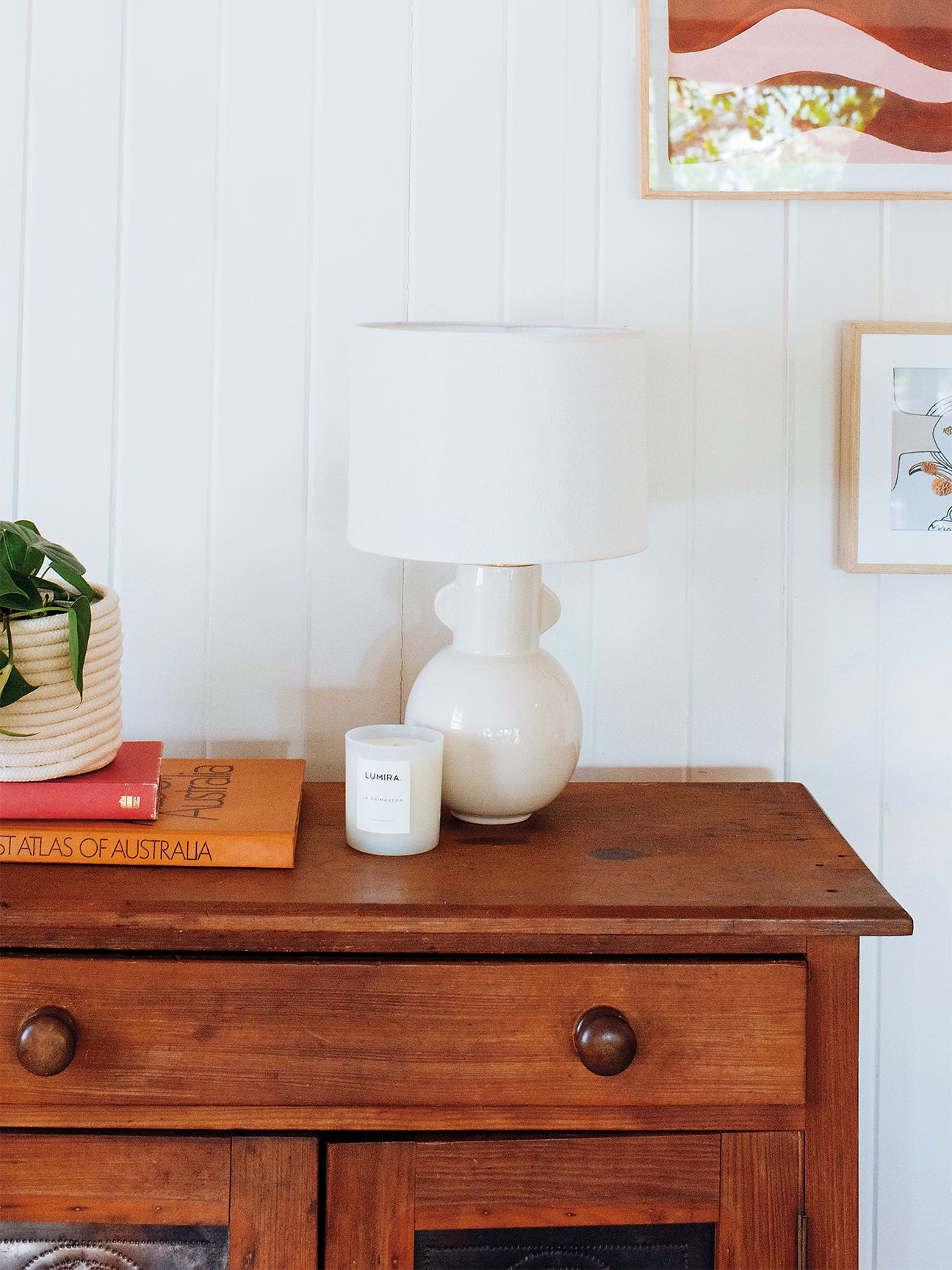 white accent lamp on a wood dresser