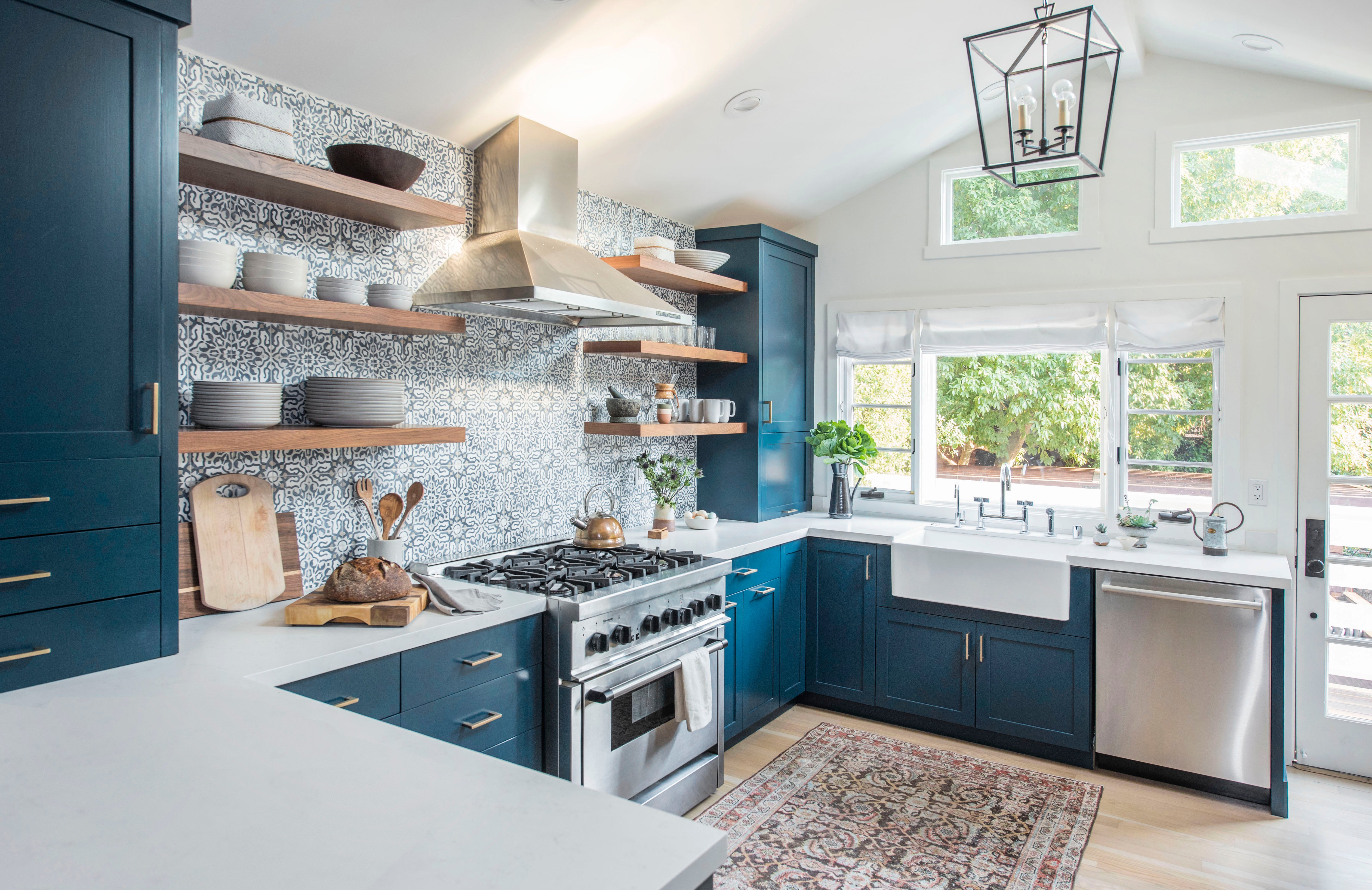 blue kitchen wiht graphic tiles