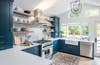 blue kitchen wiht graphic tiles