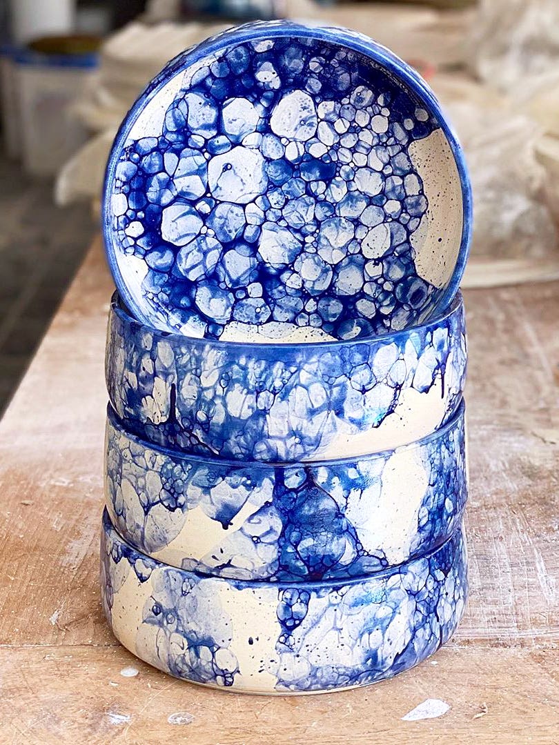 blue bubble glaze bowl stack