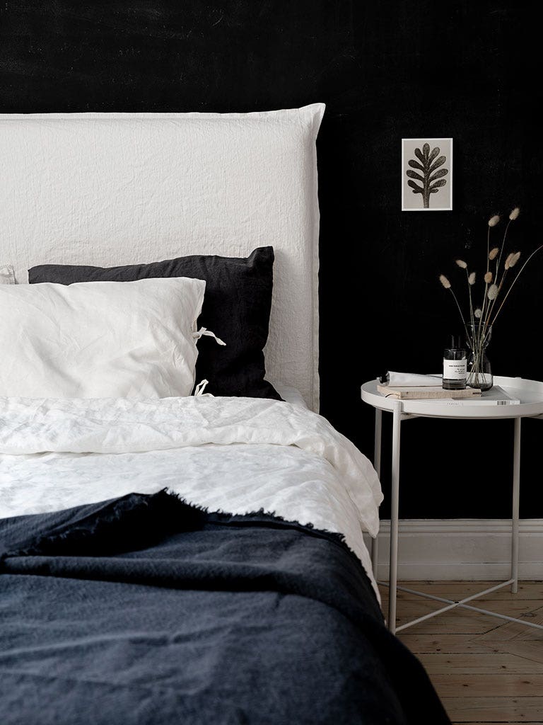 black bedroom with white headboard