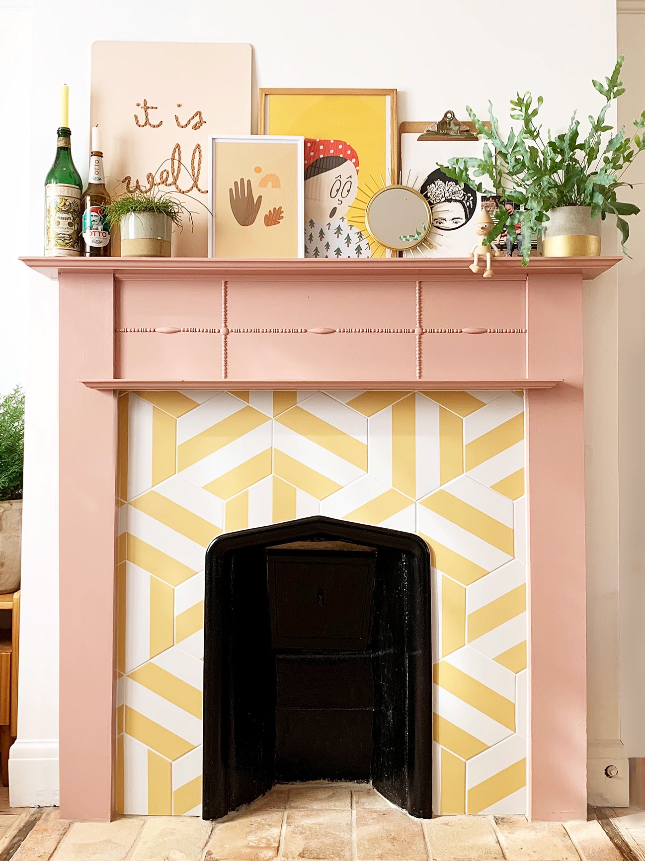 pink and yellow fireplace
