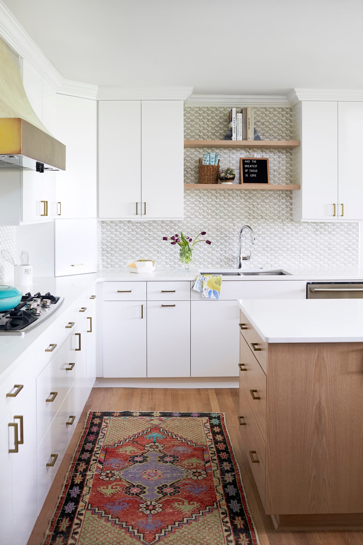 white kitchen with vintage rug