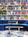 Blue living room with built-in bookcase