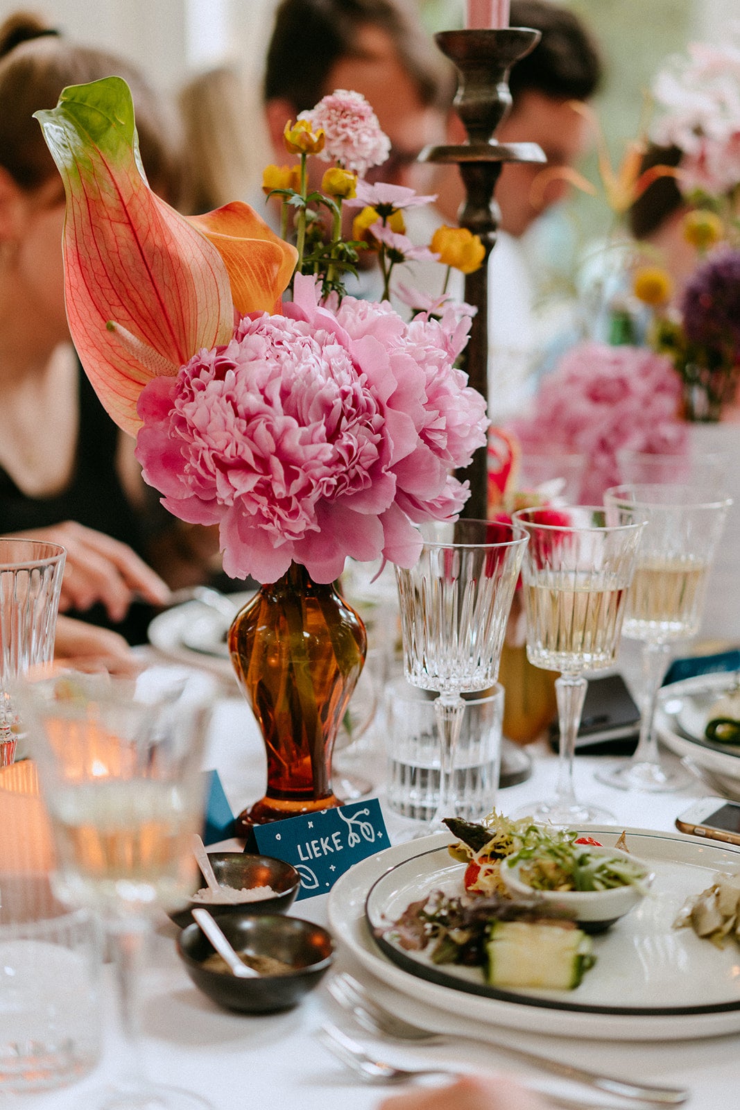 pink peonies on table