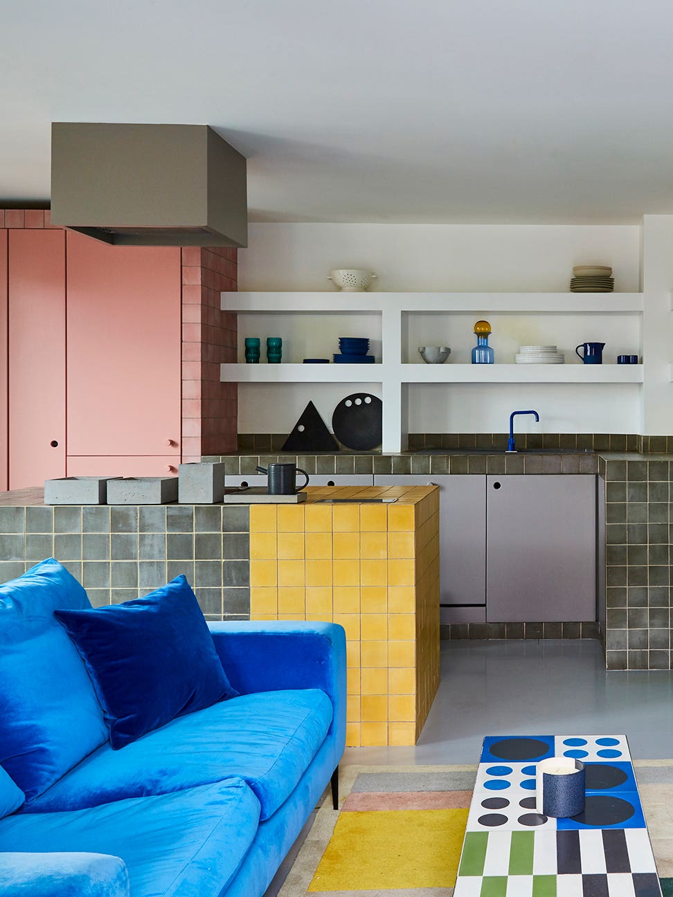 pink yellow and blue kitchen