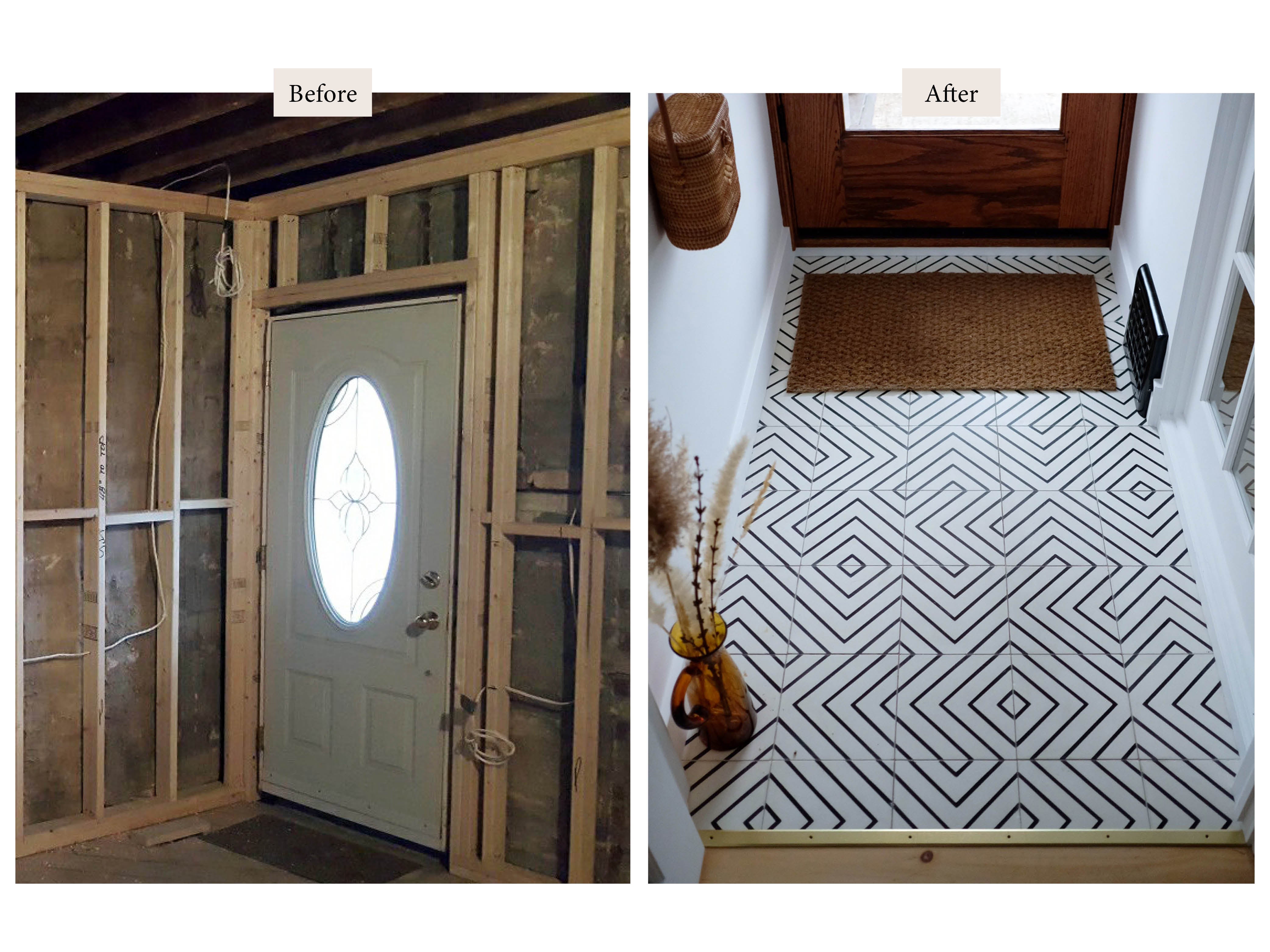 before and after of a tiled entryway