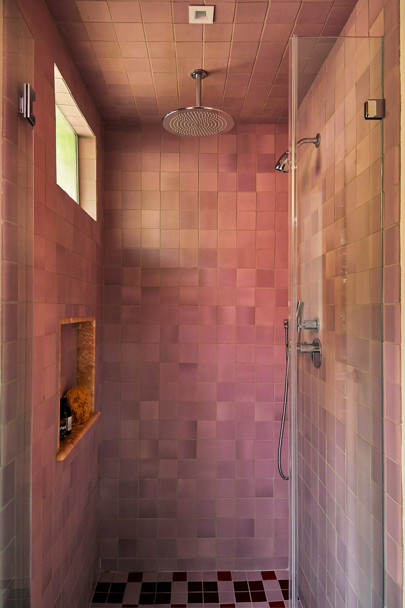 shower with pink zellige tile