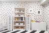 black and white wallpaper and shelves fro kids crafts