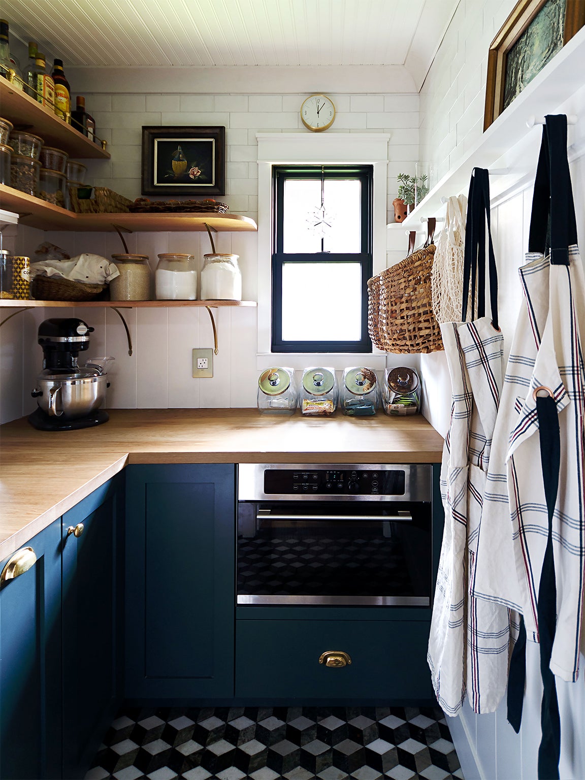 blue pantry with wood counters