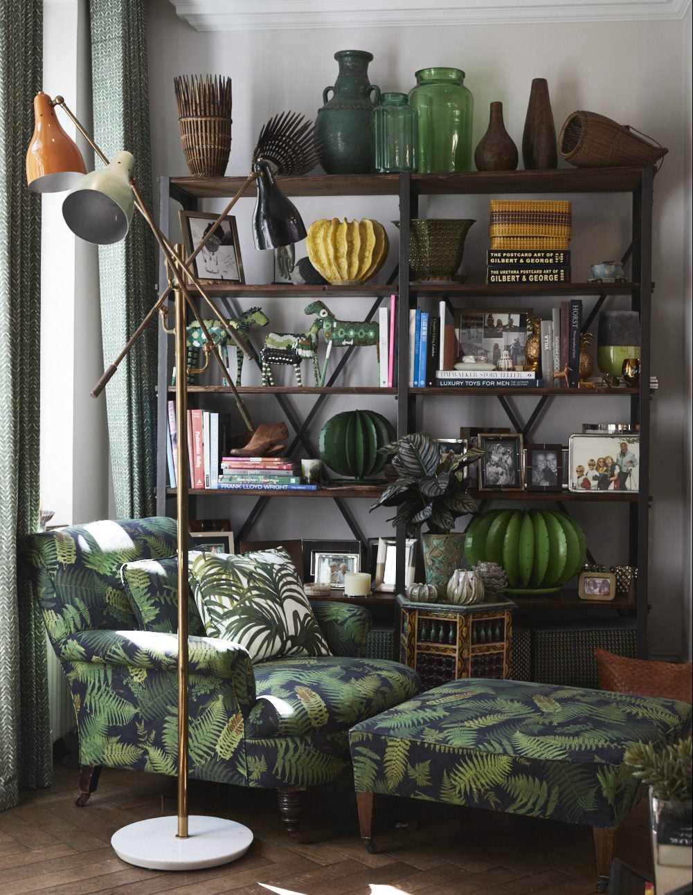 armchair and ottoman in green leafy pattern