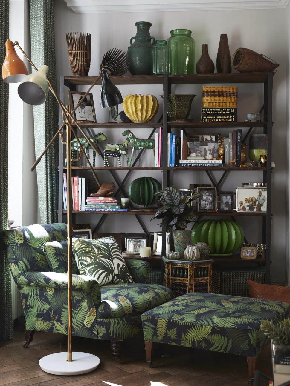 armchair and ottoman in green leafy pattern