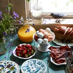 Table spread with breakfast foods