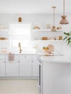 white kitchen with open shelves