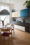 Multicolored kitchen cabinets in Sam Buckley's Edinburgh apartment