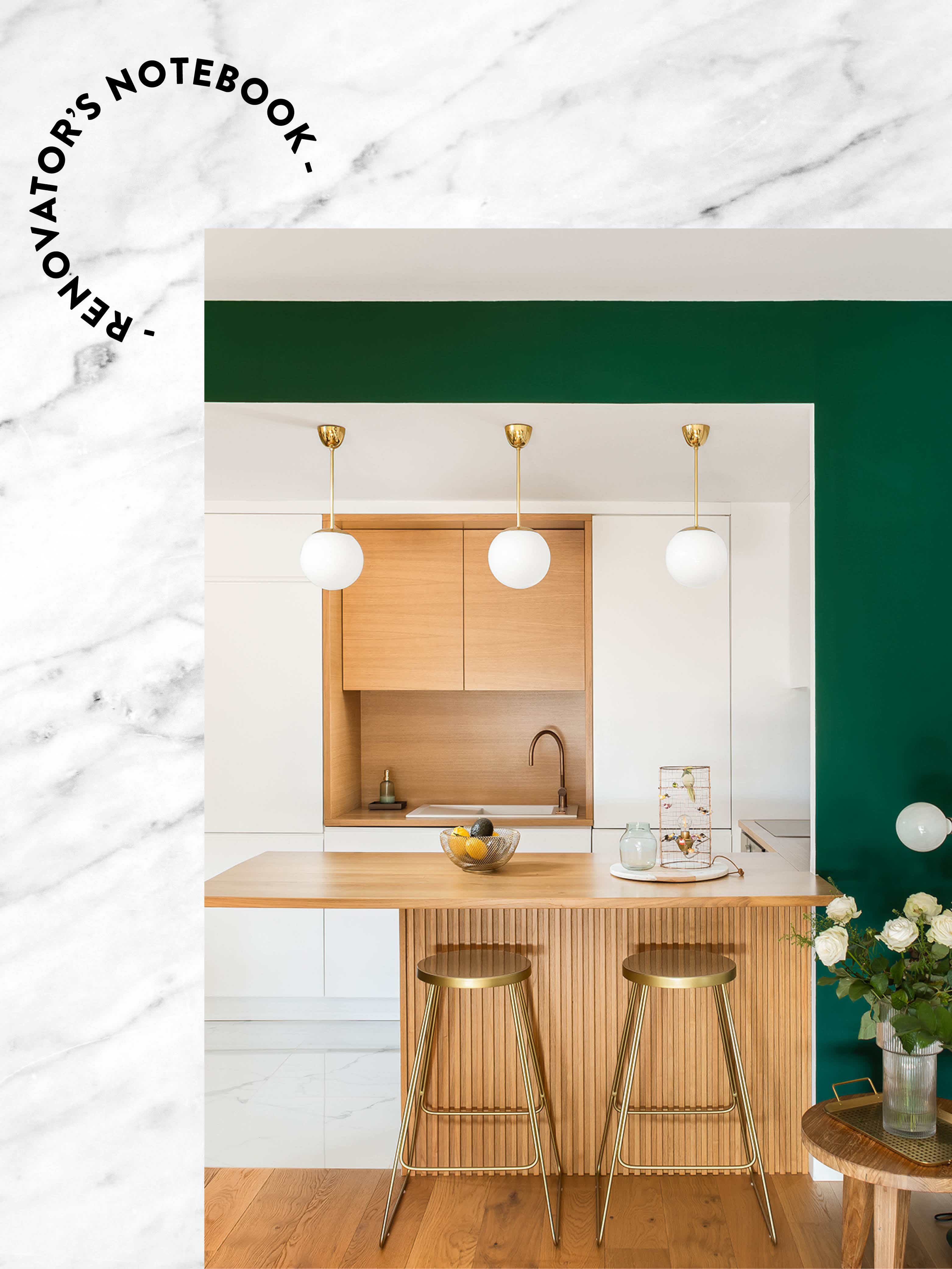 green kitchen with textured wood panel cabinets