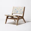armless wood chair with blue fabric