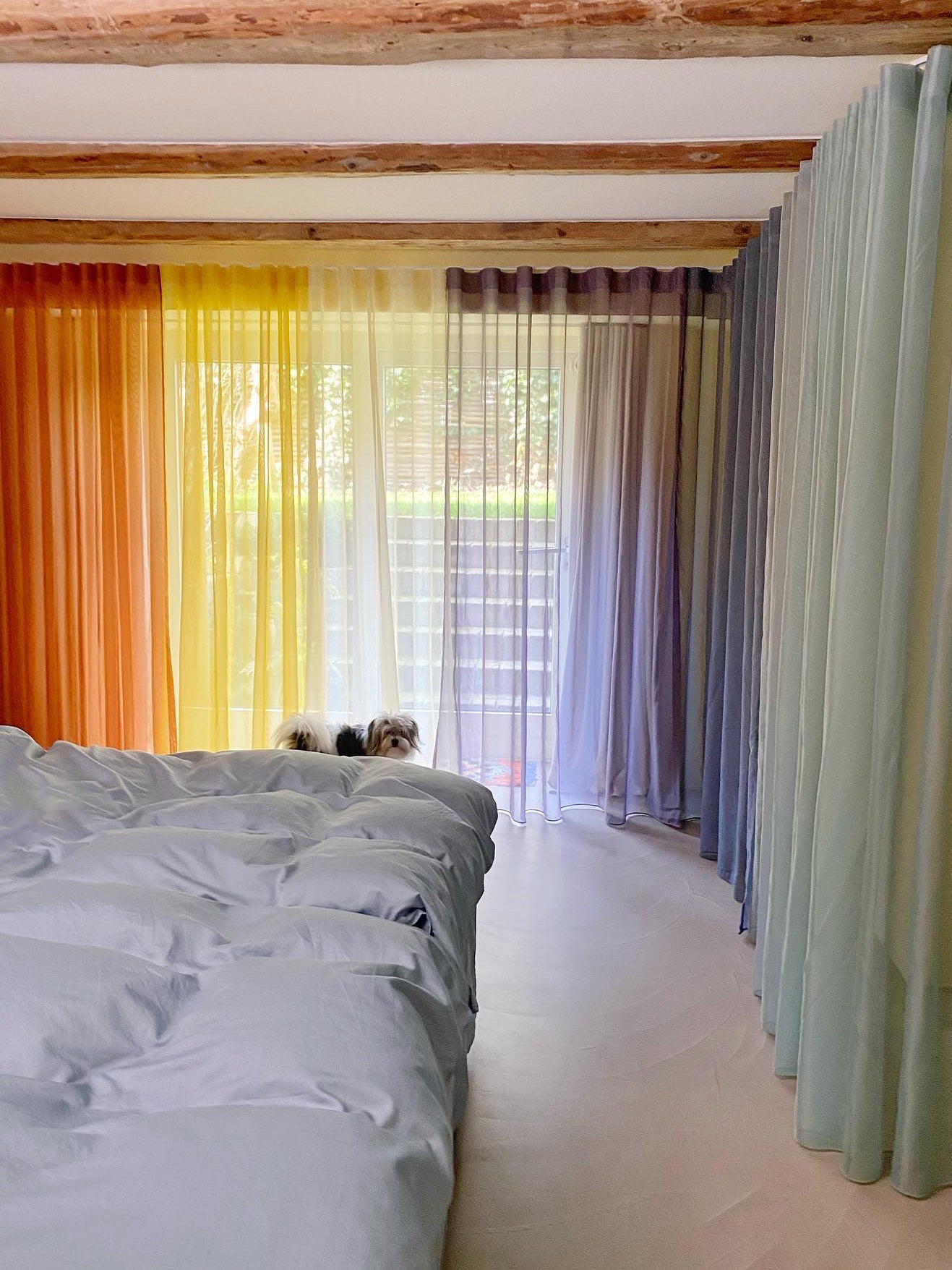 rainbow curtains in a blue bedroom