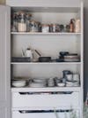 grey pantry cabinet with plates
