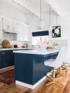 white upper and blue lower cabinets