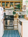 boho kitchen with doorless cabinets