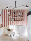 red and white striped wallpaper nursery