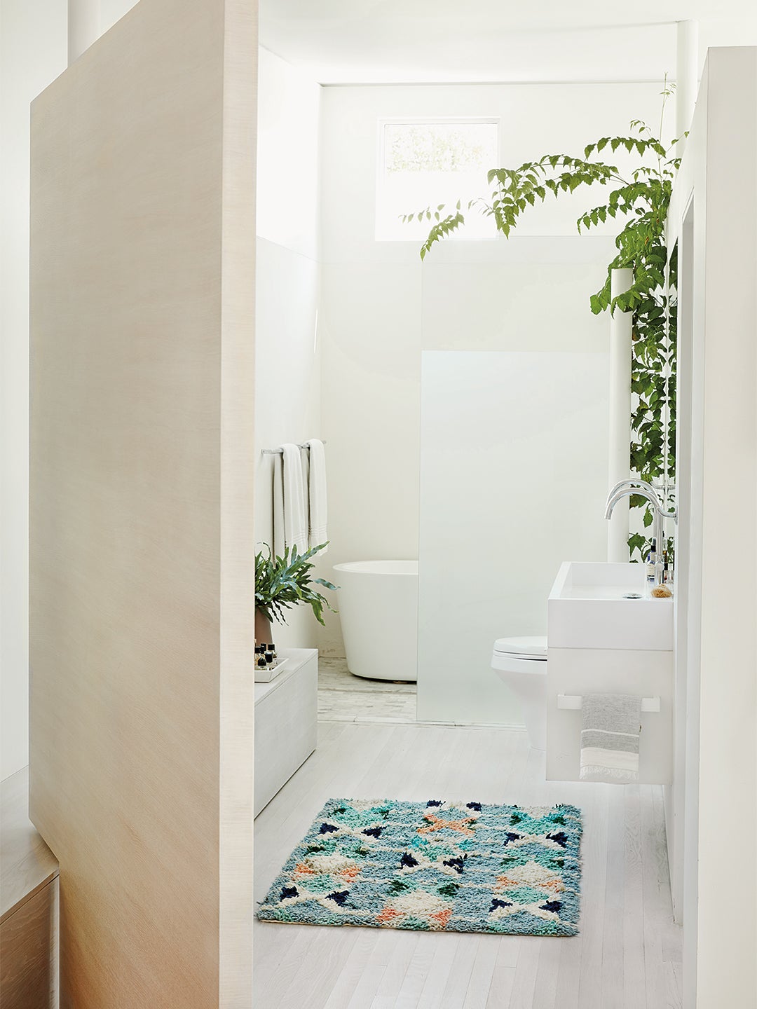 Bright bathroom with plants and colorful bathmat