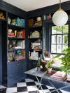 Library with dark gray lacquered shelves