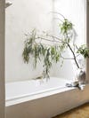 white shower walls with large branch in a vase