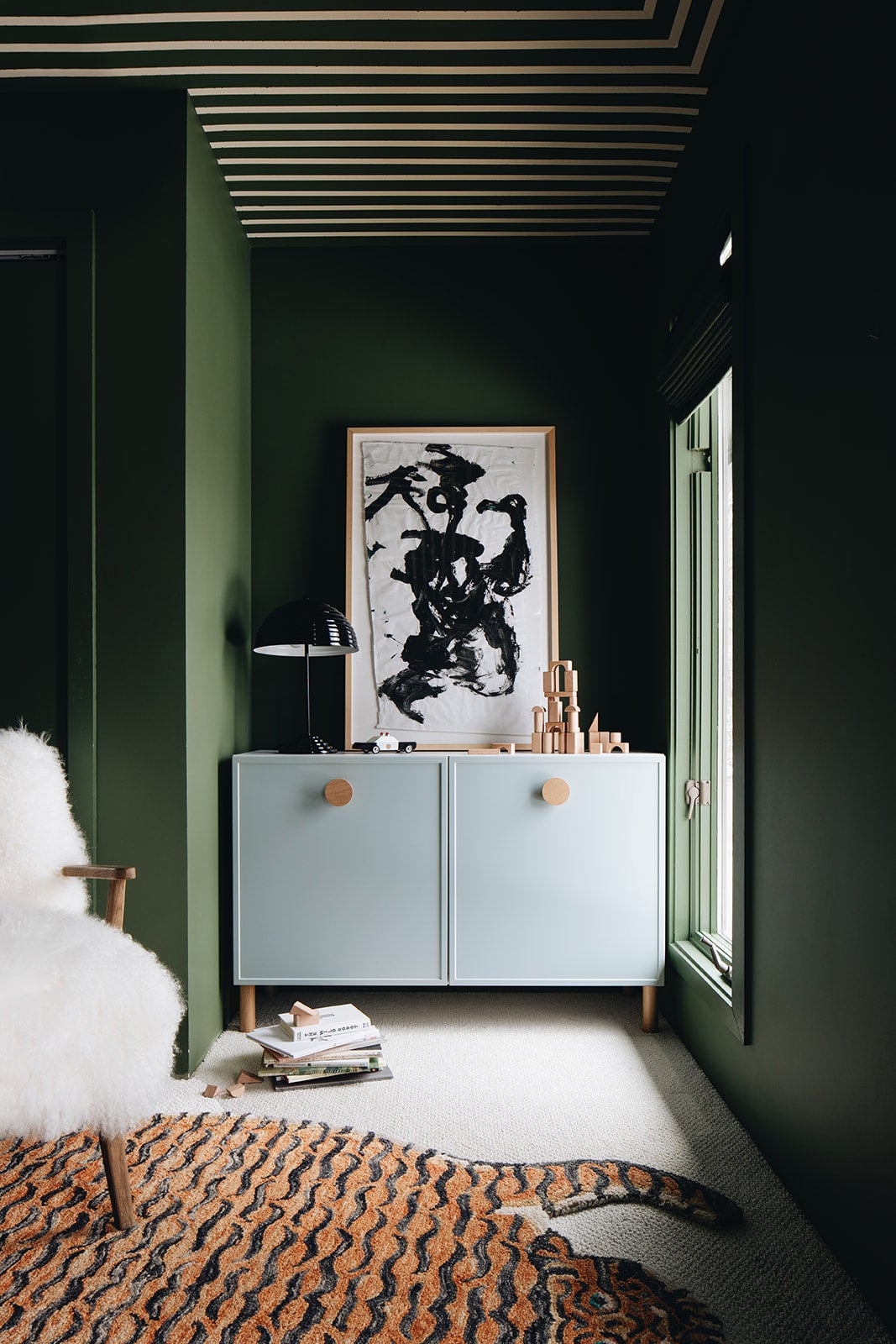 green room with blue credenza