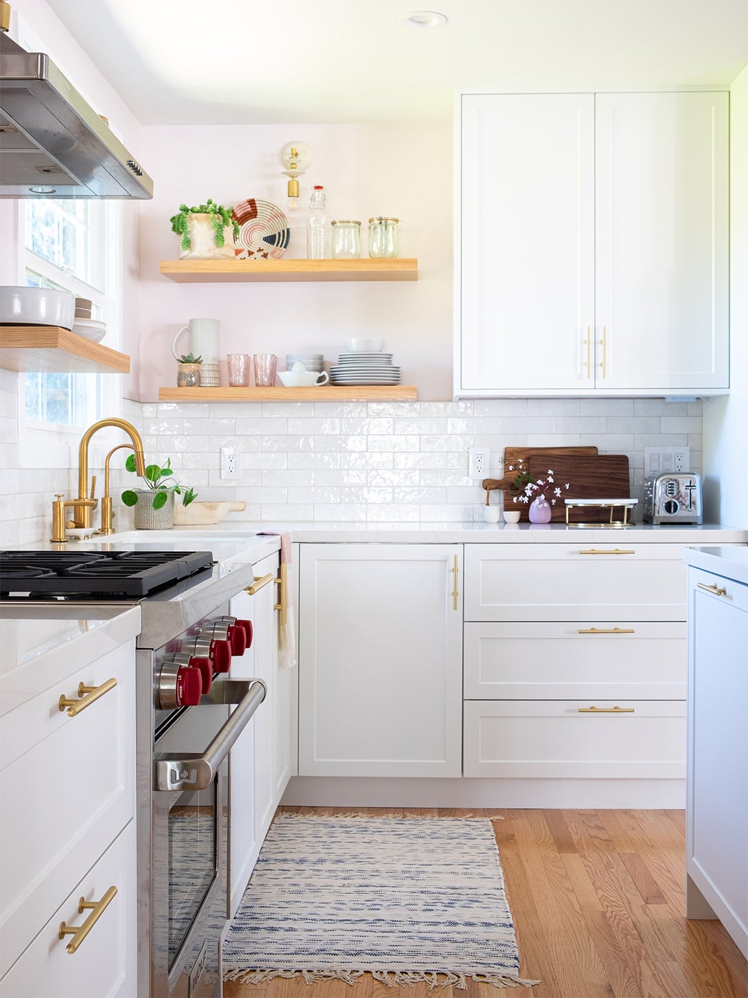 white and pink kitchen