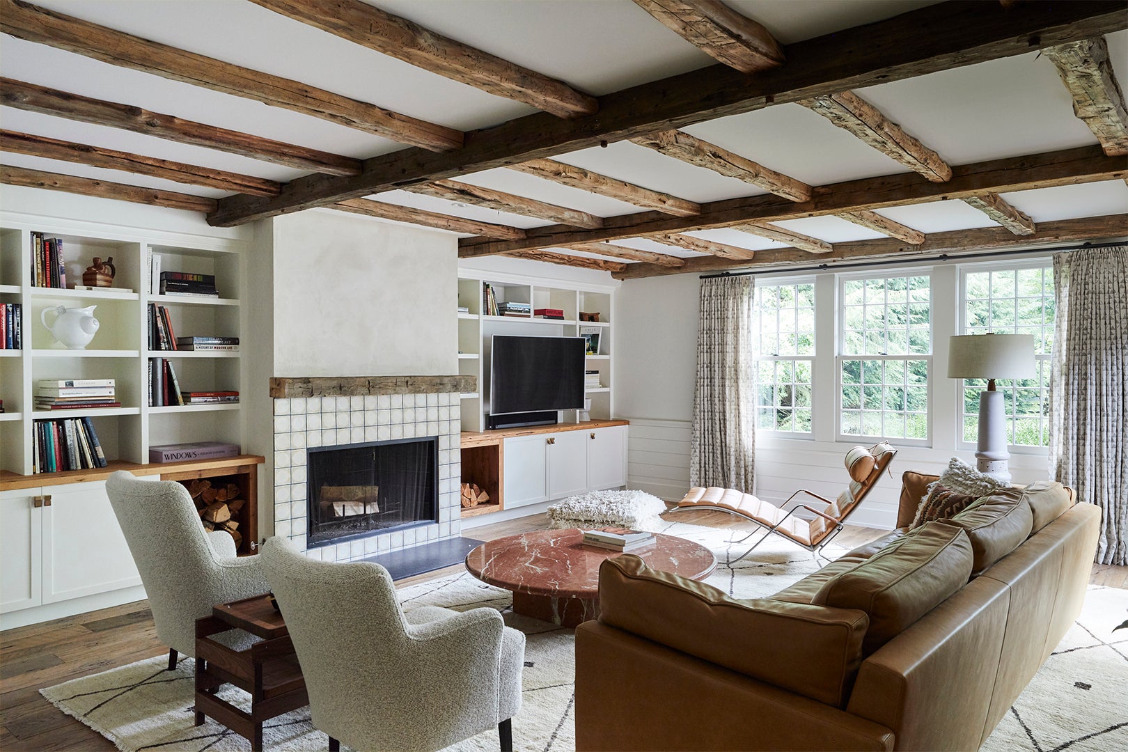 cozy living room with wood beams