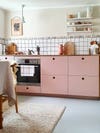 pink kitchen grid backsplash