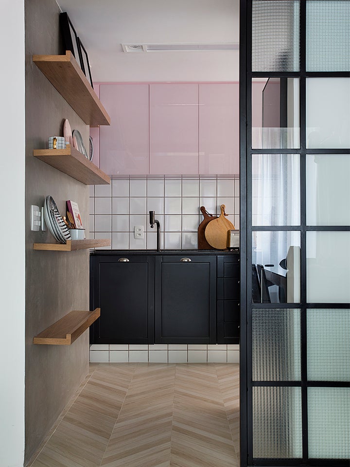 pink and black kitchen cabinets