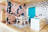 dining room with bold floral wallpaper