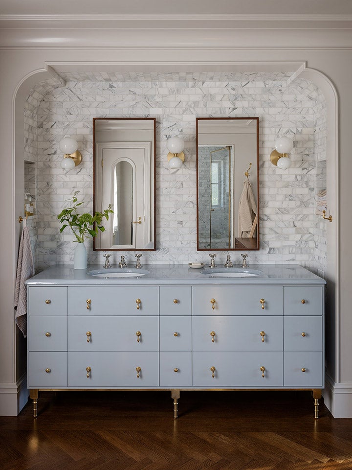 white marble backsplash for bathroom sink vanity